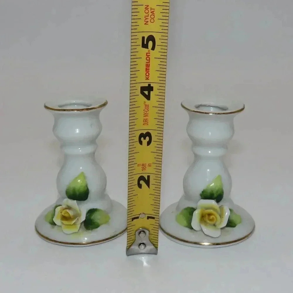 Morleans Japan Porcelain Candle Holders Pair Yellow Rose Vintage - Picture 2 of 5